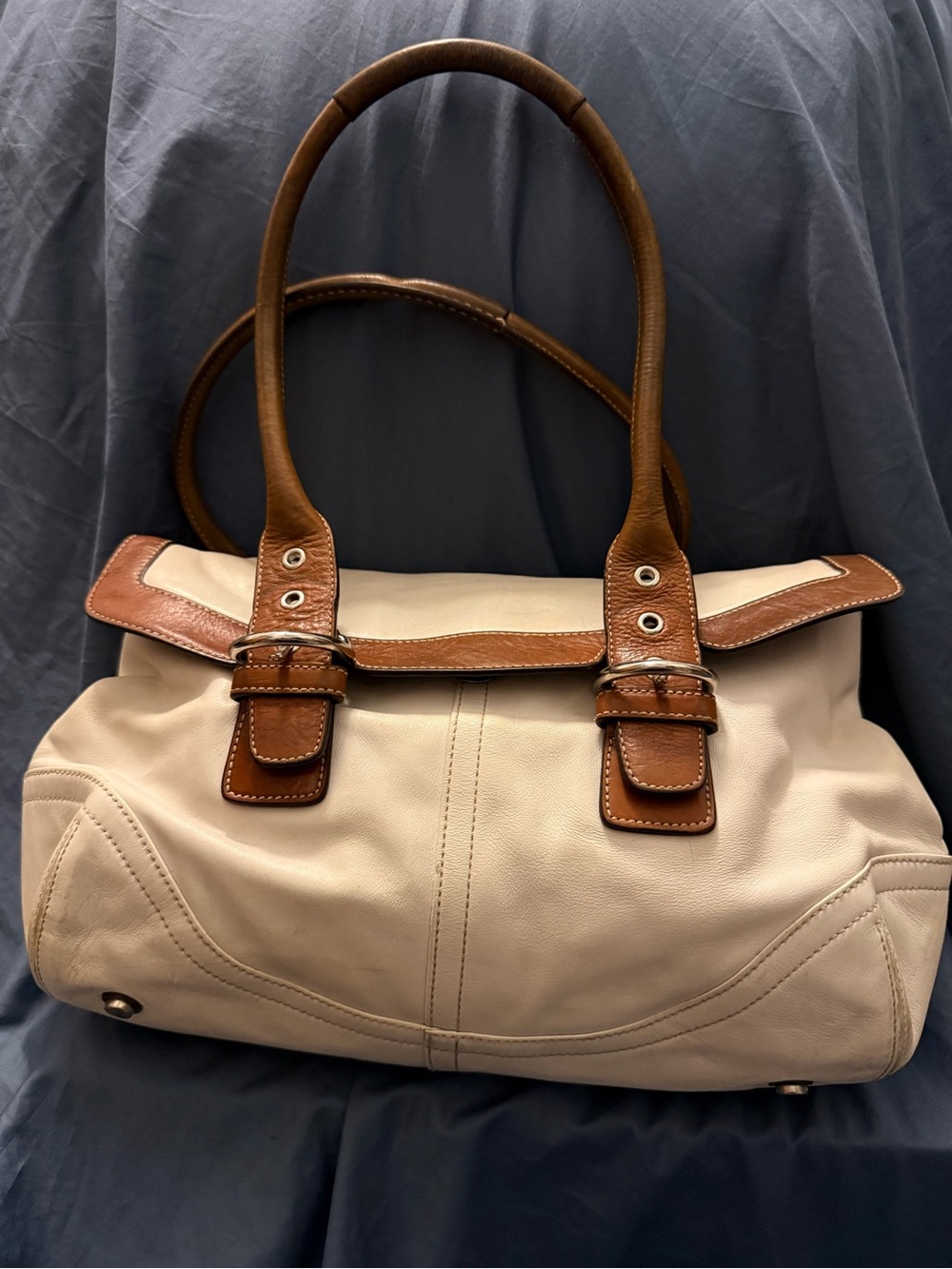 Vintage COACH Leather Cream and Brown Tote Bag